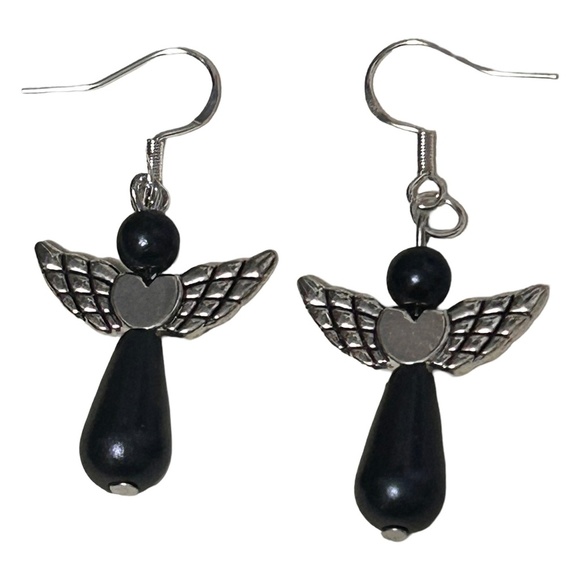 Hand Crafted Drop Earrings 3-D Articulating Angel Black Pearl Silver Plate Wires - Picture 4 of 6